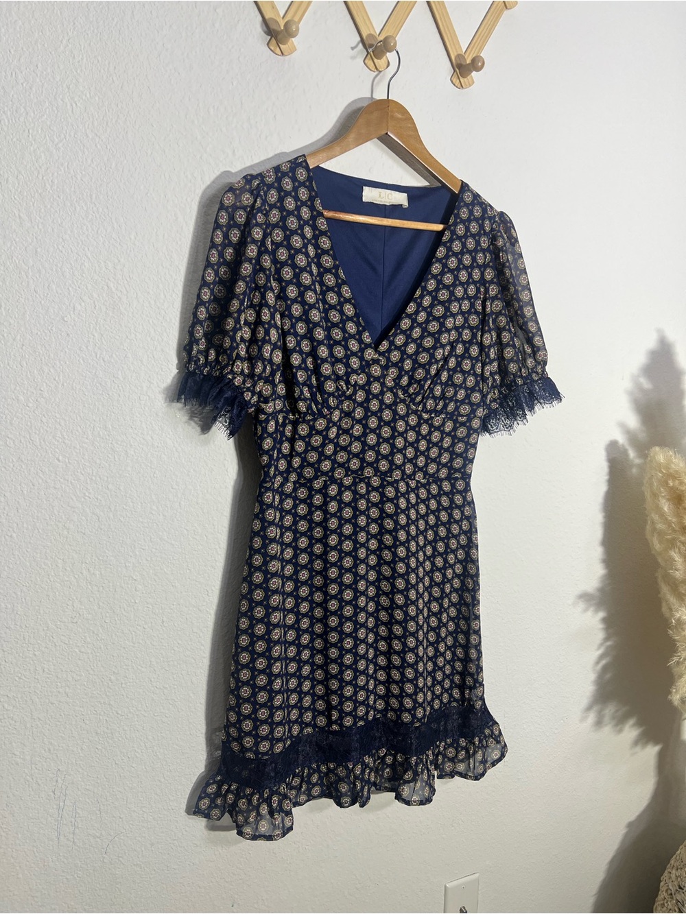 LIZETTE COLLECTION • navy blue mini dress, puff sleeves & lace ruffled hemlines